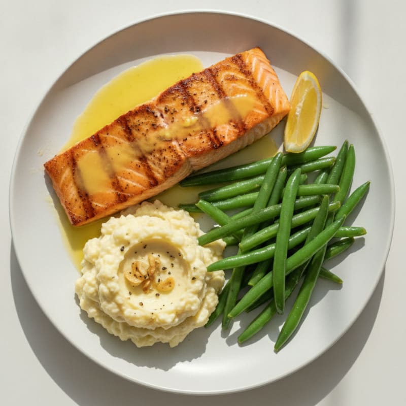 Seared Salmon with Steamed Green Beans and Garlic Mashed Cauliflower
