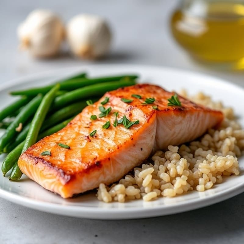Seared Salmon with Garlic Green Beans and Brown Rice