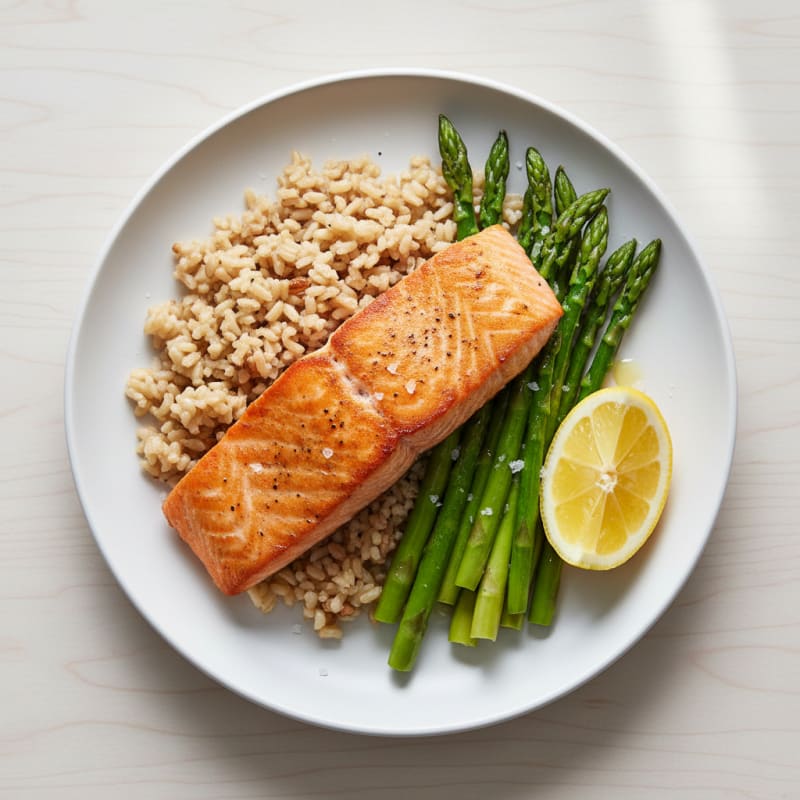 Seared Salmon Filet with Steamed Asparagus and Brown Rice