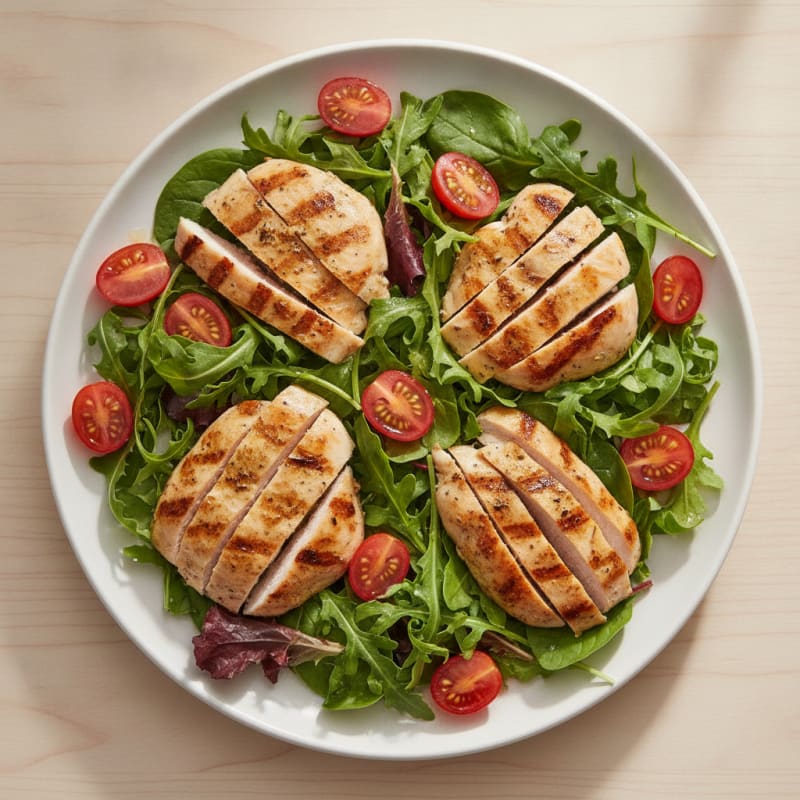 Grilled Chicken Breast Salad with Mixed Greens and Cherry Tomatoes