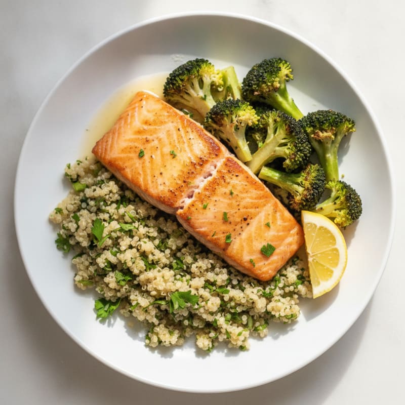 Seared Salmon Fillet with Roasted Broccoli and Herb Quinoa