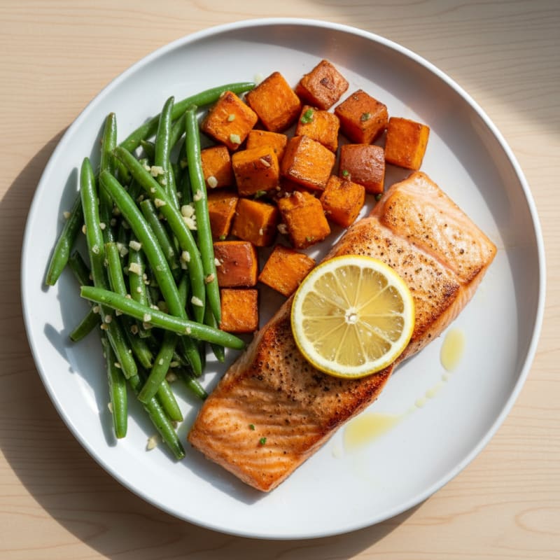 Seared Salmon Fillet with Roasted Sweet Potato and Garlic Green Beans