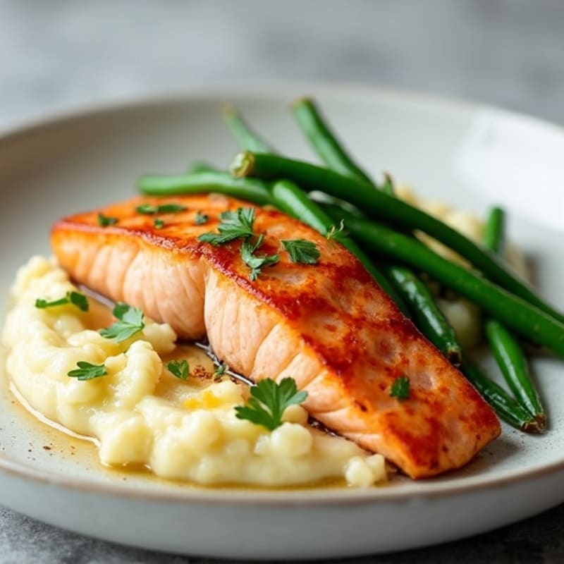 Seared Salmon with Garlic Green Beans and Cauliflower Mash