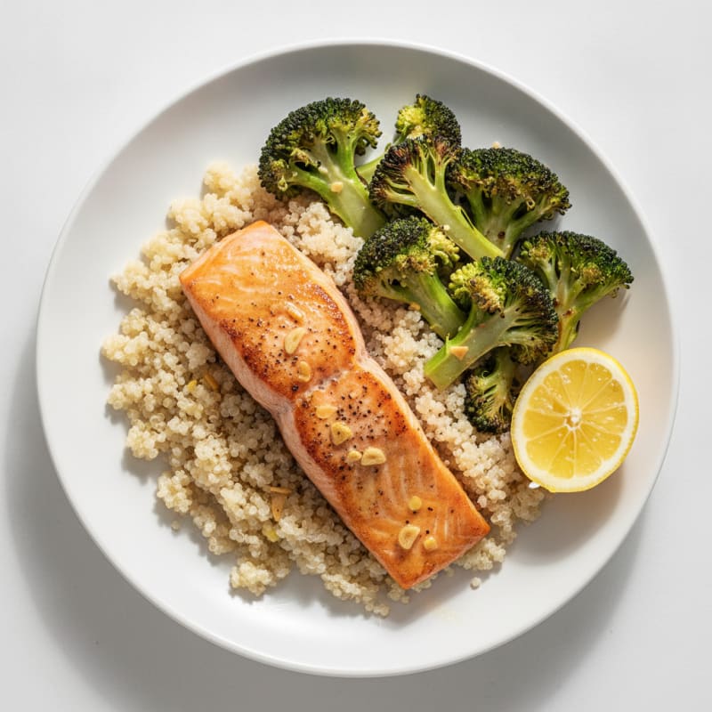 Seared Salmon Fillet with Roasted Broccoli and Quinoa