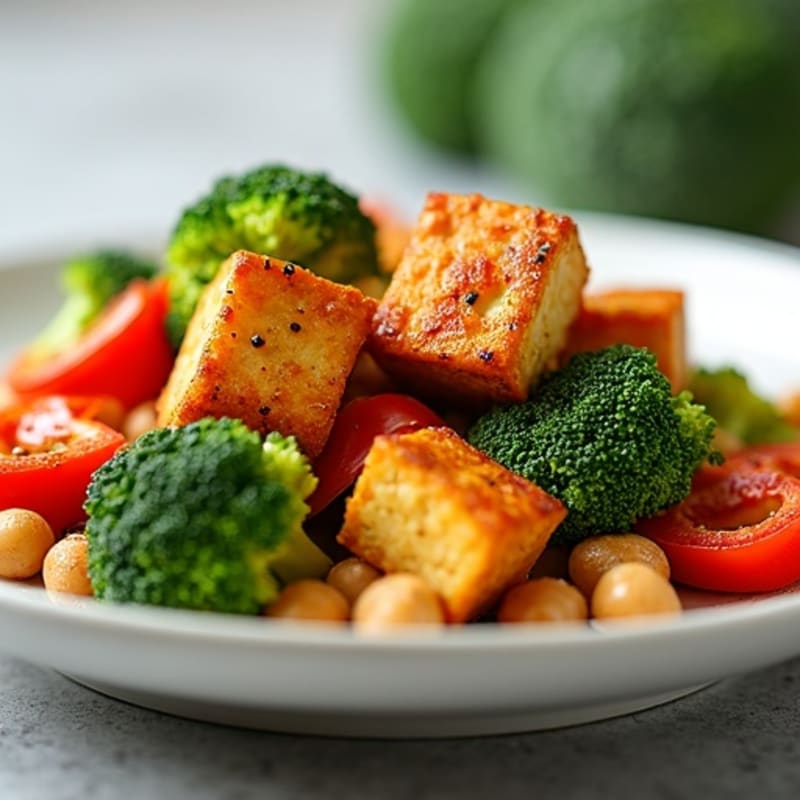 Crispy Baked Tofu with Roasted Broccoli and Bell Peppers