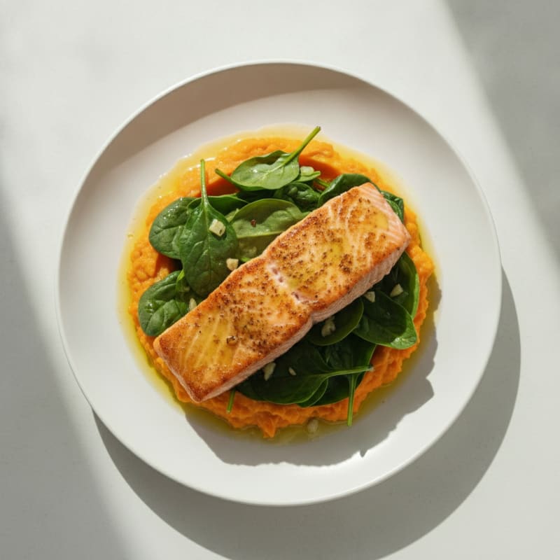 Seared Salmon with Garlic Sautéed Spinach and Sweet Potato Mash