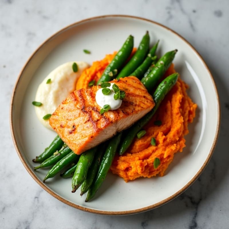 Seared Salmon with Garlic Green Beans and Sweet Potato Mash