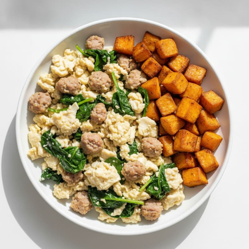 Egg White and Turkey Sausage Scramble with Spinach and Roasted Sweet Potato