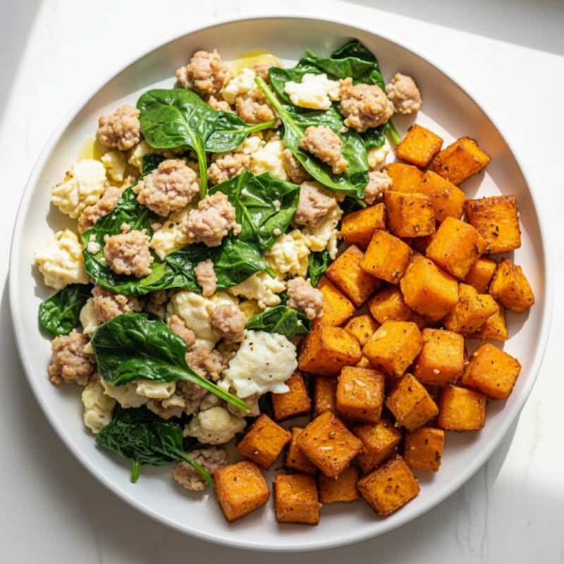 Egg White and Turkey Sausage Scramble with Spinach and Roasted Sweet Potato