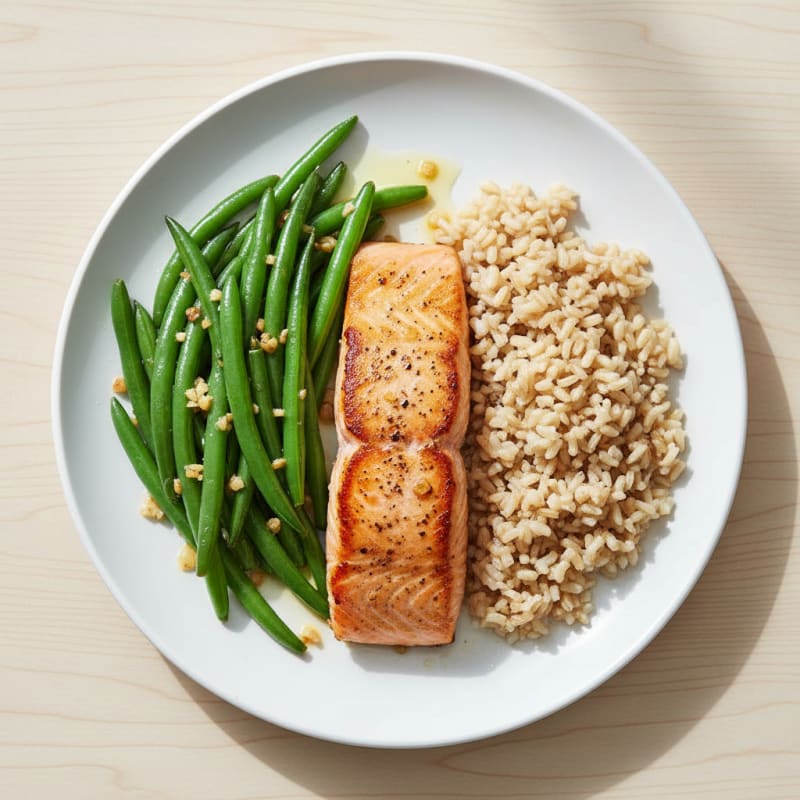 Seared Salmon with Garlic Green Beans and Brown Rice