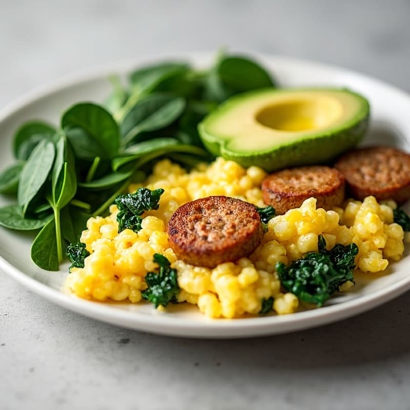 Egg White and Turkey Sausage Scramble with Sautéed Spinach