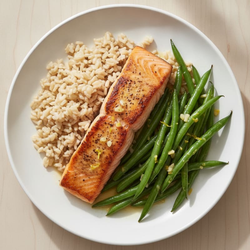 Seared Salmon with Garlic Green Beans and Brown Rice