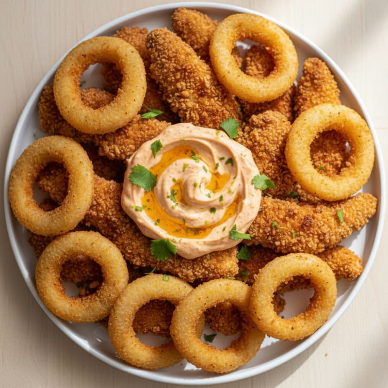Beer-Battered Onion Rings with Chipotle Aioli and Crispy Chicken