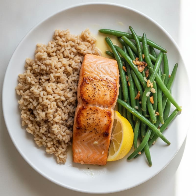 Pan-Seared Salmon with Garlic Green Beans and Brown Rice