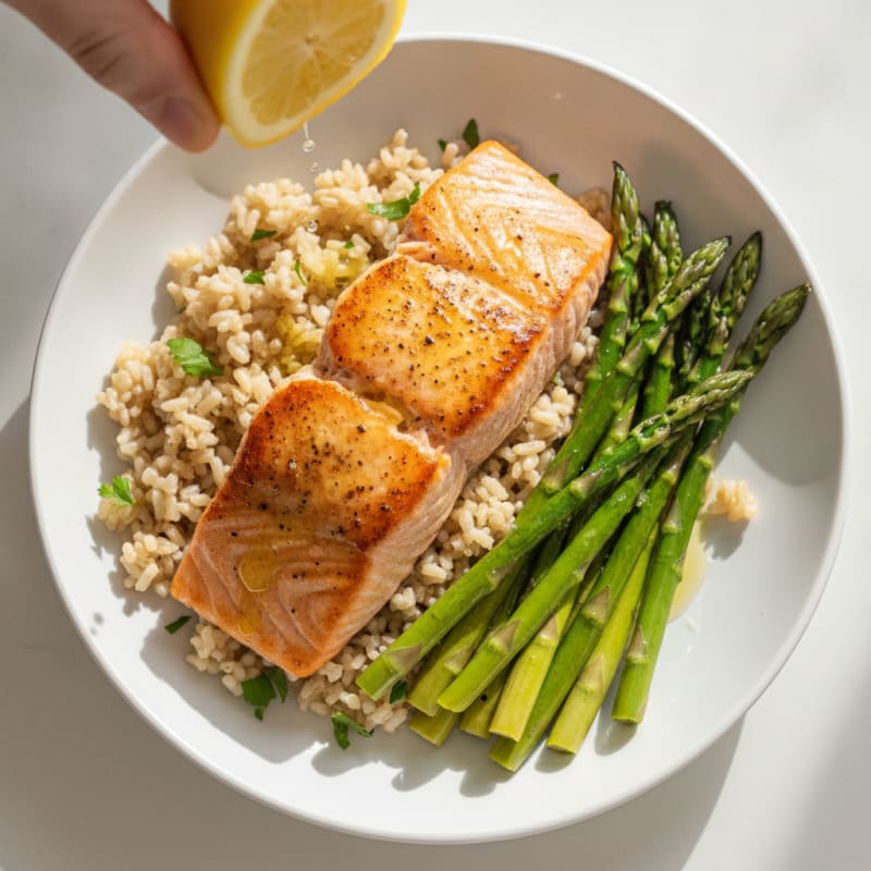 Seared Salmon with Steamed Asparagus and Brown Rice