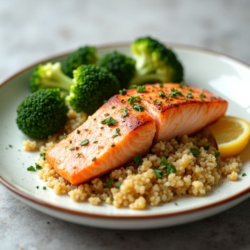 Seared Salmon with Roasted Broccoli and Lemon Quinoa