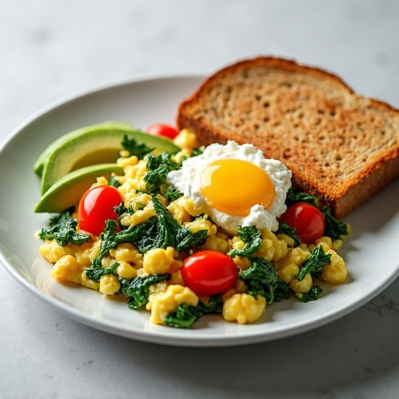 Egg White and Spinach Scramble with Cottage Cheese and Cherry Tomatoes