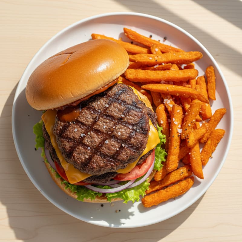 Classic Beef Burger with Sweet Potato Fries