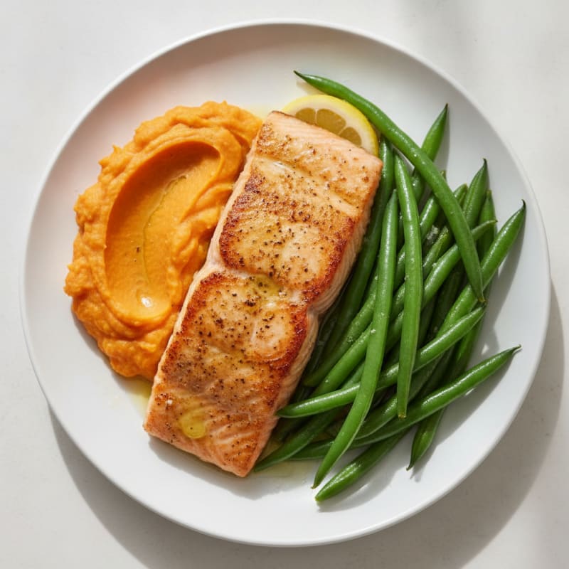 Seared Salmon with Steamed Green Beans and Sweet Potato Mash