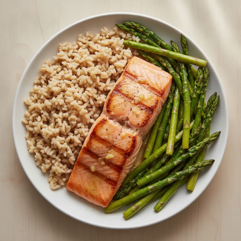 Seared Salmon with Steamed Asparagus and Brown Rice
