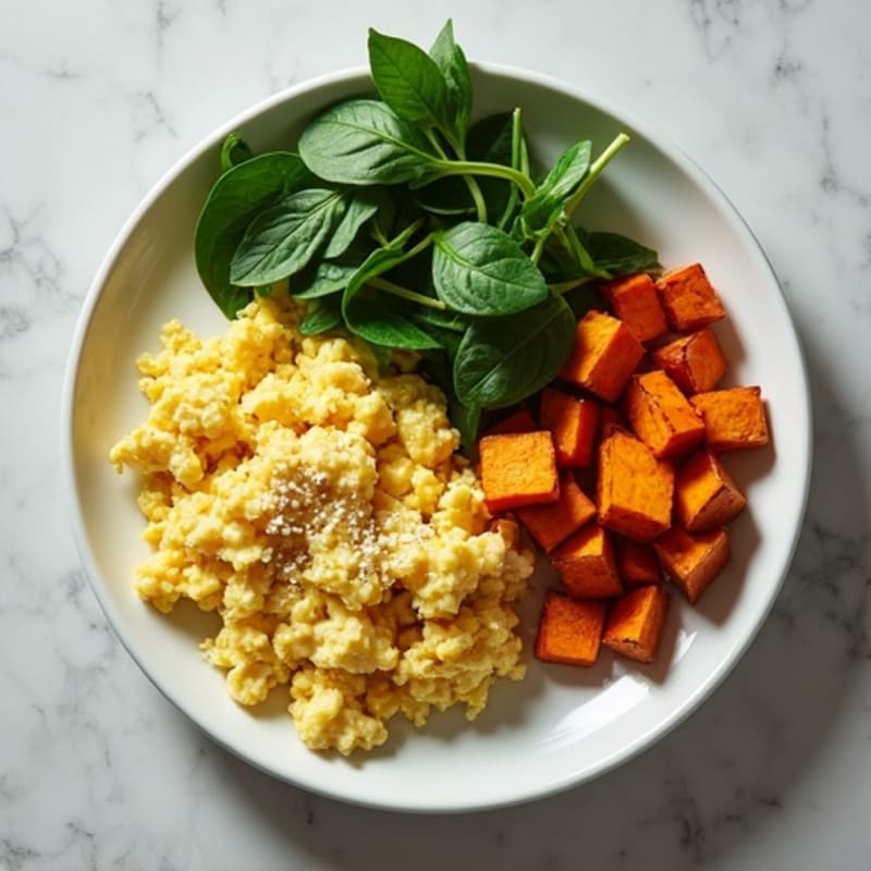 Egg White and Turkey Spinach Scramble with Roasted Sweet Potato