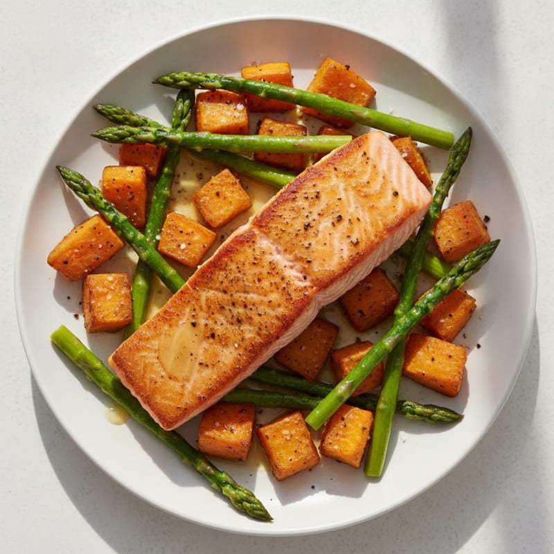 Seared Salmon with Roasted Sweet Potatoes and Asparagus