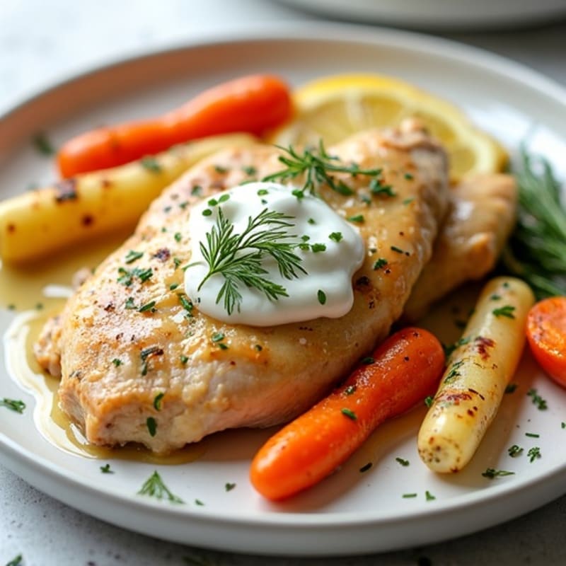Creamy Lemon Herb Chicken with Roasted Carrots and Crispy Parsnips