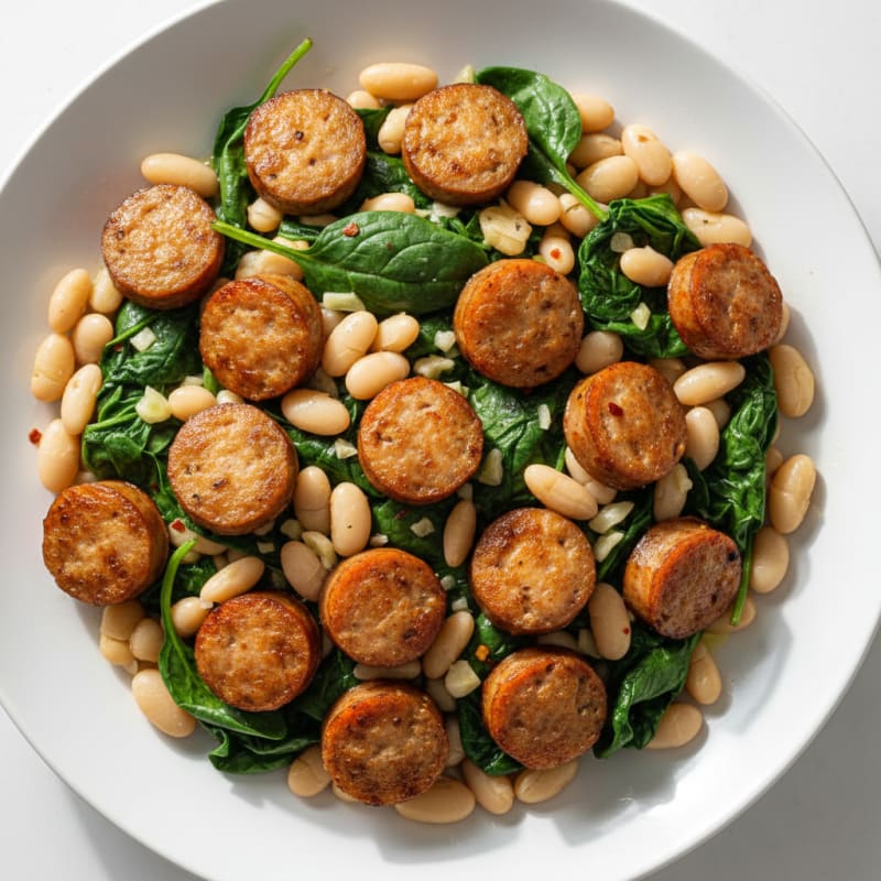Crispy Turkey Sausage with White Bean and Spinach Hash