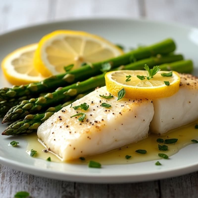 Lemon-Garlic Pan-Seared Halibut with Roasted Asparagus