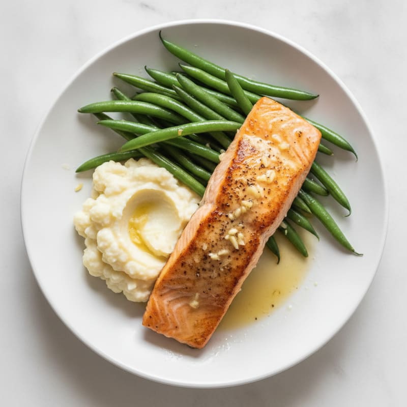 Seared Salmon with Steamed Green Beans and Garlic Mashed Cauliflower