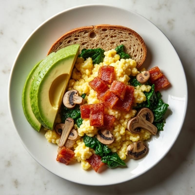 Egg White Spinach Scramble with Sautéed Mushrooms and Turkey Bacon