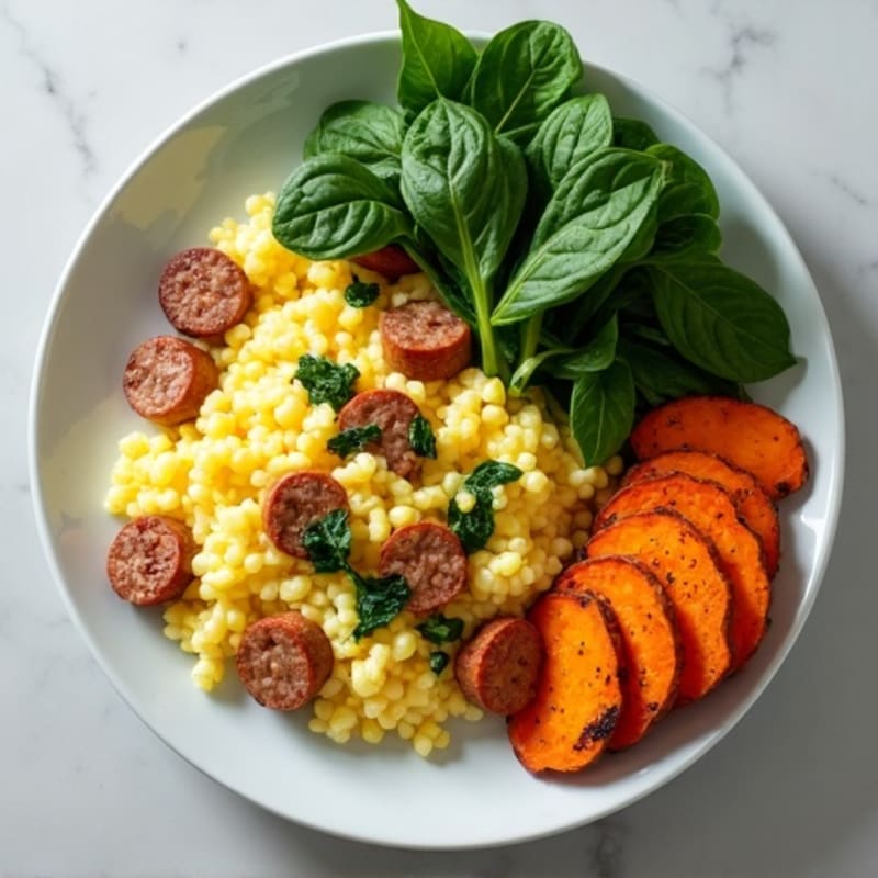 Egg White and Turkey Sausage Scramble with Spinach and Roasted Sweet Potato