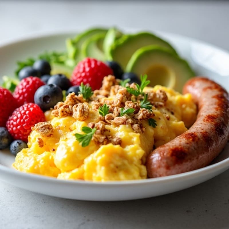 Scrambled Eggs with Turkey Sausage and Greek Yogurt Parfait