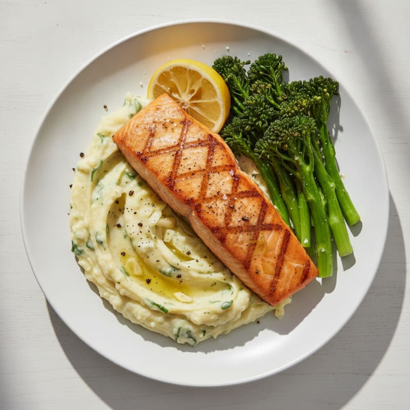 Pan-Seared Salmon with Garlic Mashed Potatoes and Broccolini