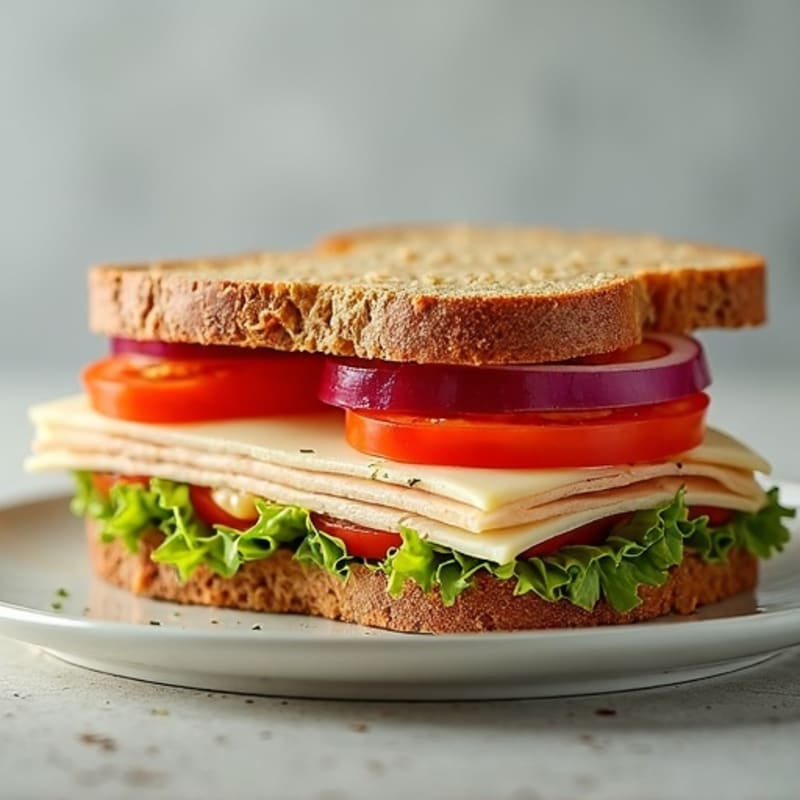Hearty Lean Turkey and Provolone Sandwich with Fresh Tomato, Onion, and Zesty Herb Vinaigrette