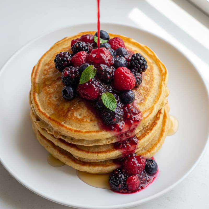 High-Protein Buttermilk Pancakes with Warm Berry Compote