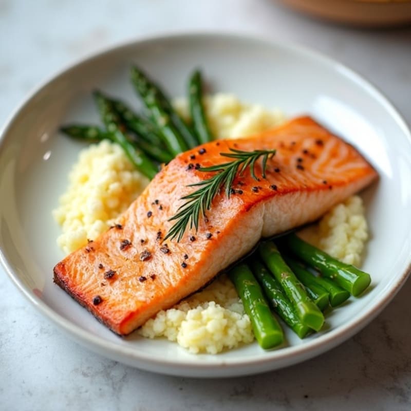 Seared Salmon with Steamed Asparagus and Cauliflower Mash