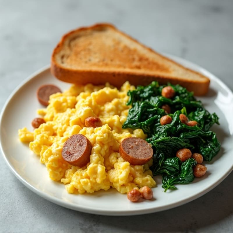 Egg White Scramble with Turkey Sausage and Sautéed Spinach