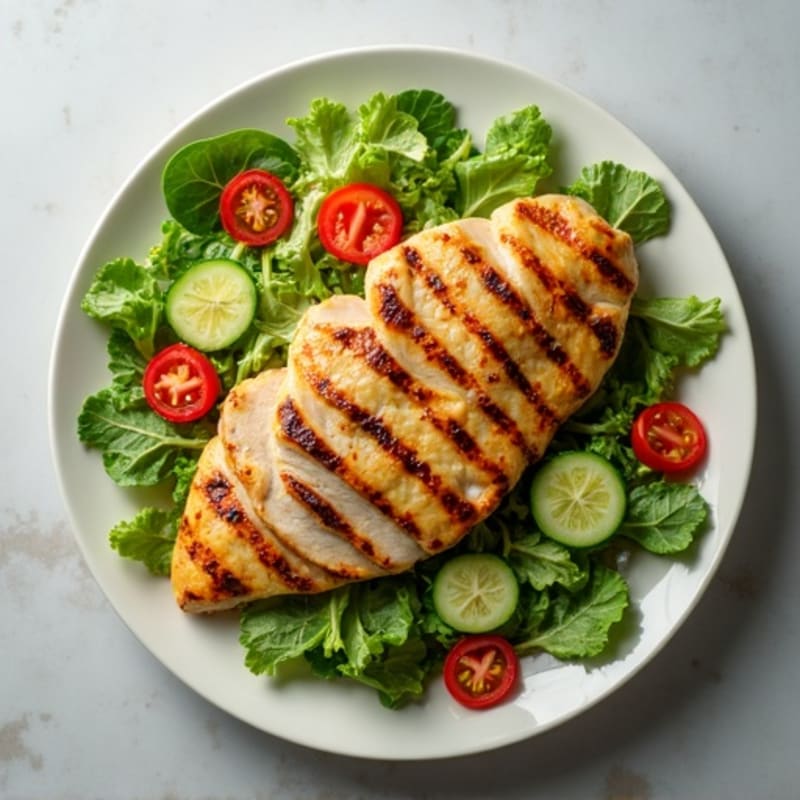 Grilled Chicken with Fresh Greens, Crisp Cucumber, Tomato, and Zesty Lemon Vinaigrette