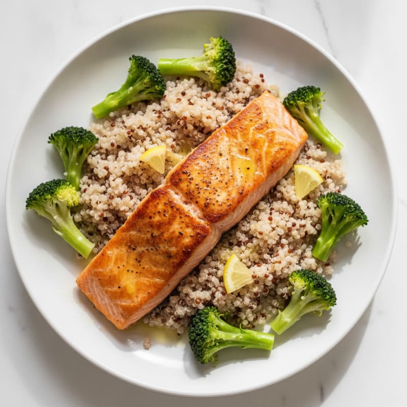 Seared Salmon with Steamed Broccoli and Quinoa
