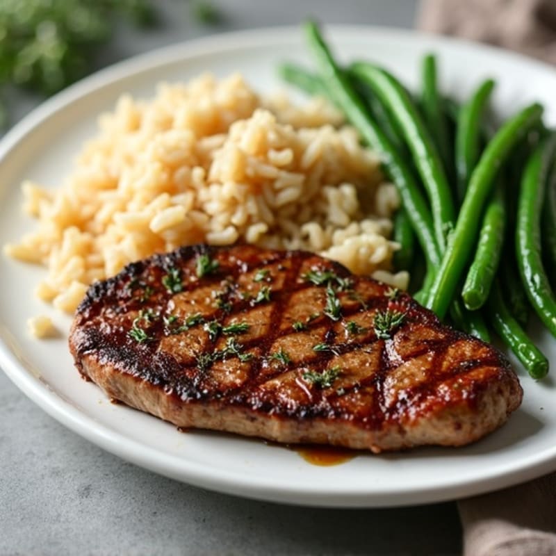 Garlic-Herb Steak with Brown Rice and Crispy Roasted Green Beans
