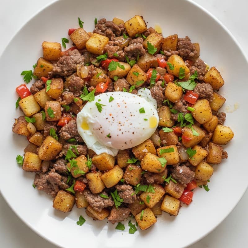 Venison and Potato Hash with Poached Egg