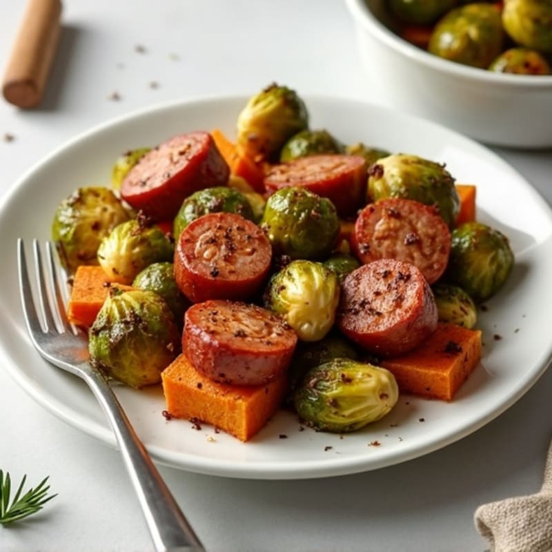 Crispy Roasted Brussels Sprouts with Chicken Sausage and Sweet Potatoes