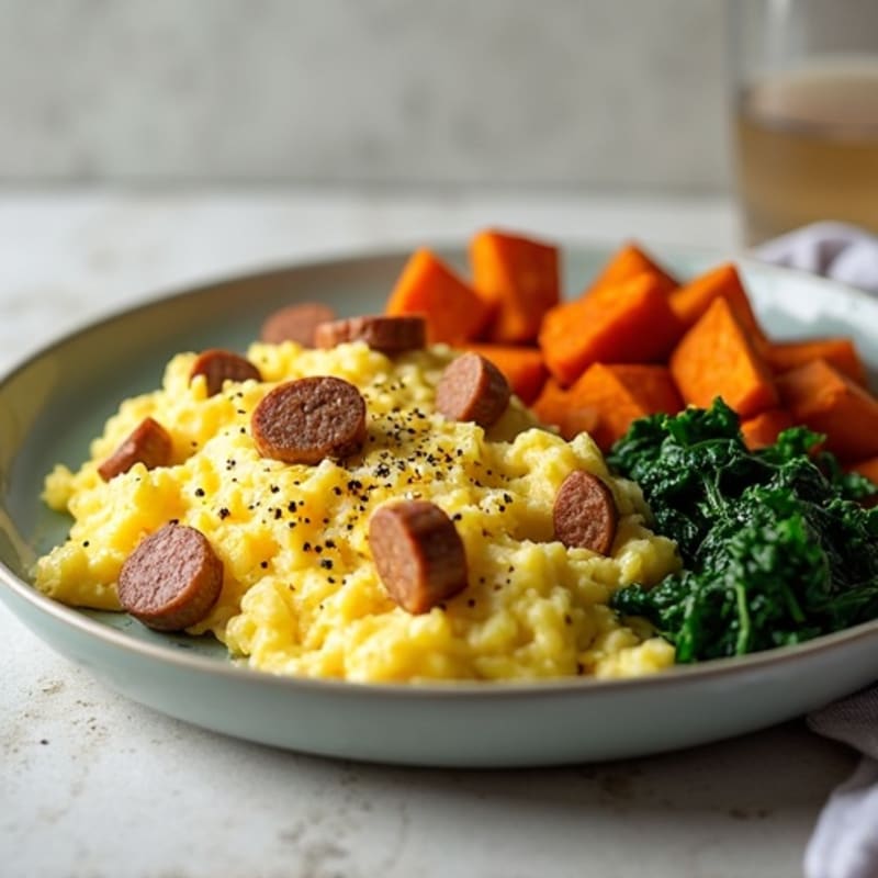 Egg White and Turkey Sausage Scramble with Spinach and Roasted Sweet Potatoes