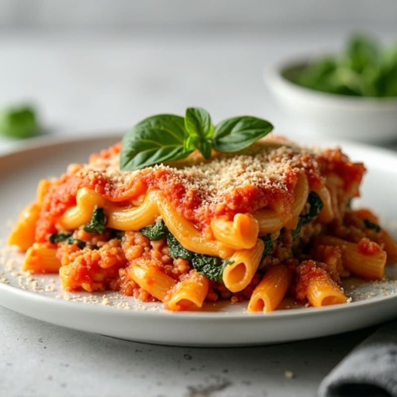 Lean Ground Turkey Baked Ziti with Spinach and Creamy Ricotta