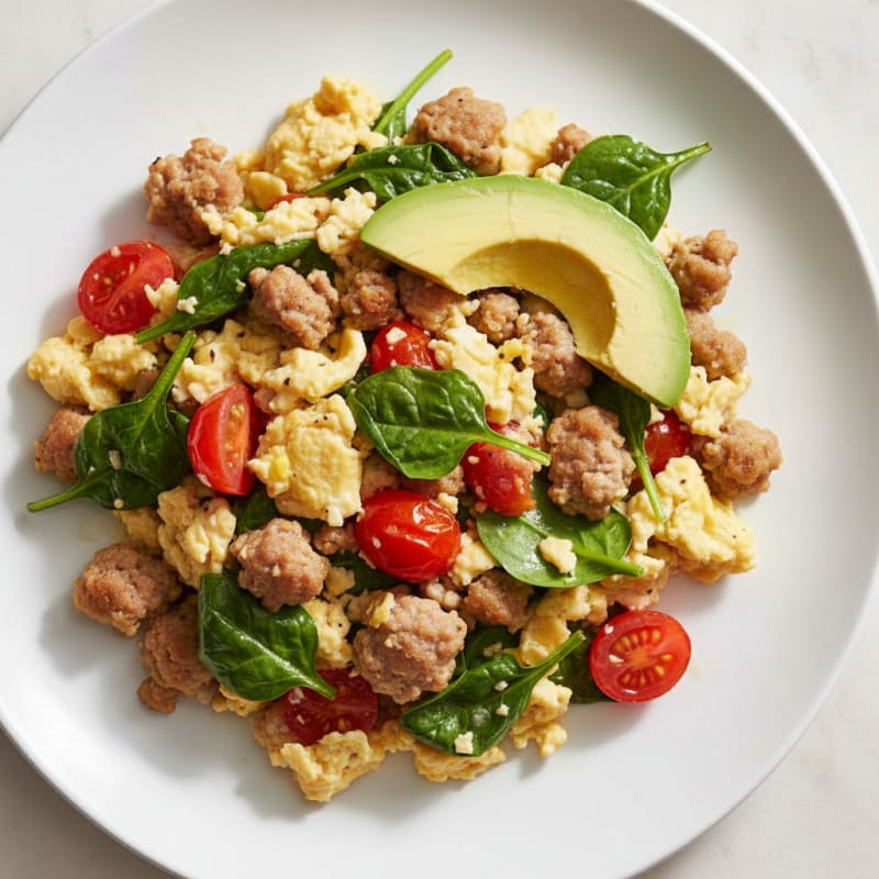 Egg White and Turkey Sausage Scramble with Spinach and Tomatoes