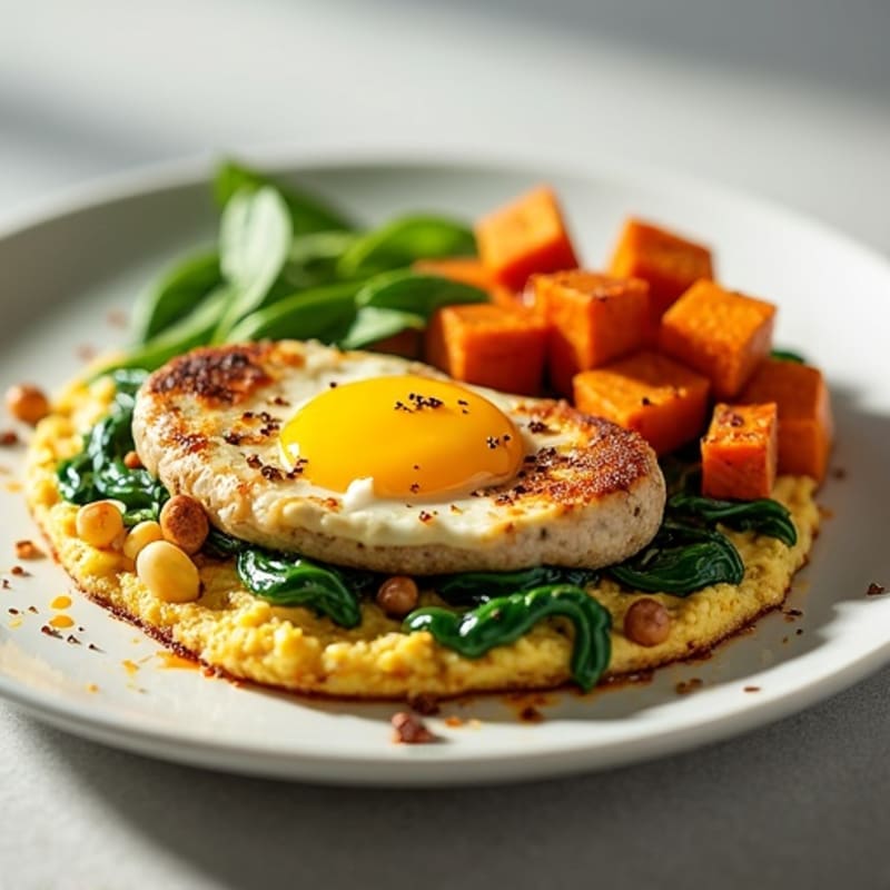 Egg White and Turkey Sausage Scramble with Spinach and Roasted Sweet Potato