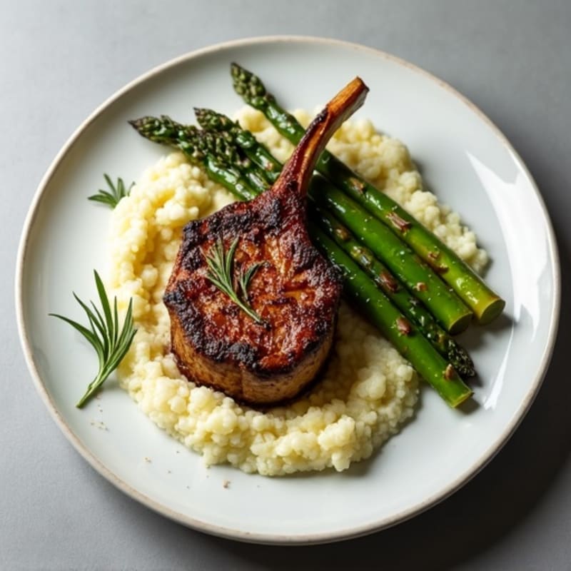 Herb-Roasted Lamb Chops with Crispy Asparagus and Creamy Cauliflower Mash