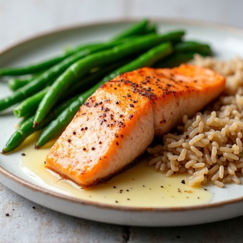 Seared Salmon with Garlic Green Beans and Brown Rice