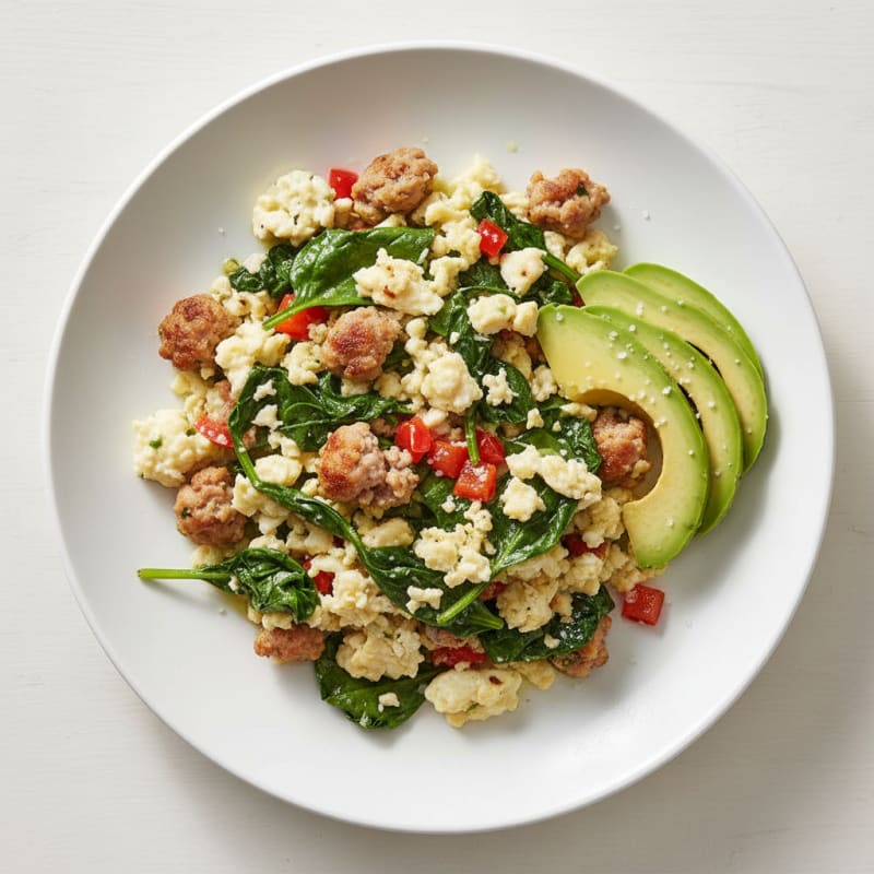 Egg White Scramble with Turkey Sausage and Sautéed Spinach